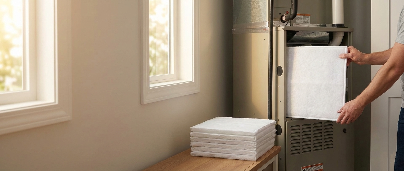 A person installing a handcrafted, frameless FILTR air filter into a home HVAC unit next to a stack of fresh 1-Year Bundle filters.